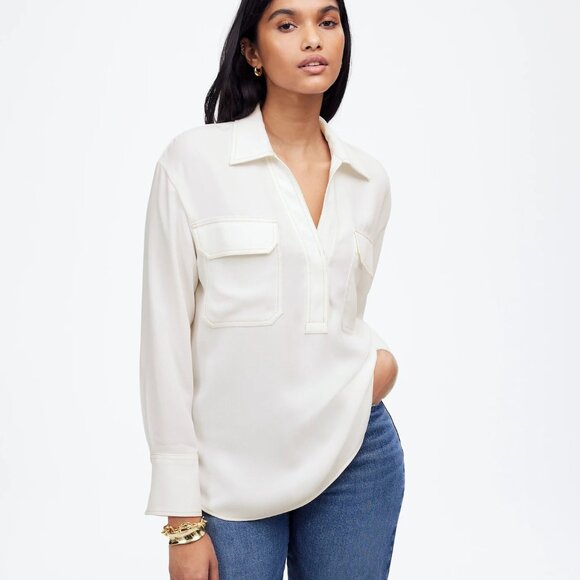 Madewell Contrast-Stitch Popover Shirt Women Small Winter White Crepe Blouse NWD - Picture 7 of 16